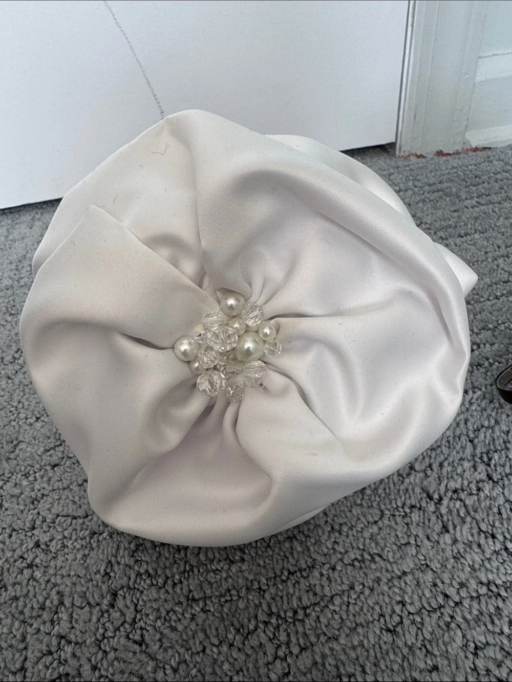 Elegant White Satin Floral Clutch with Pearl & Crystal Center